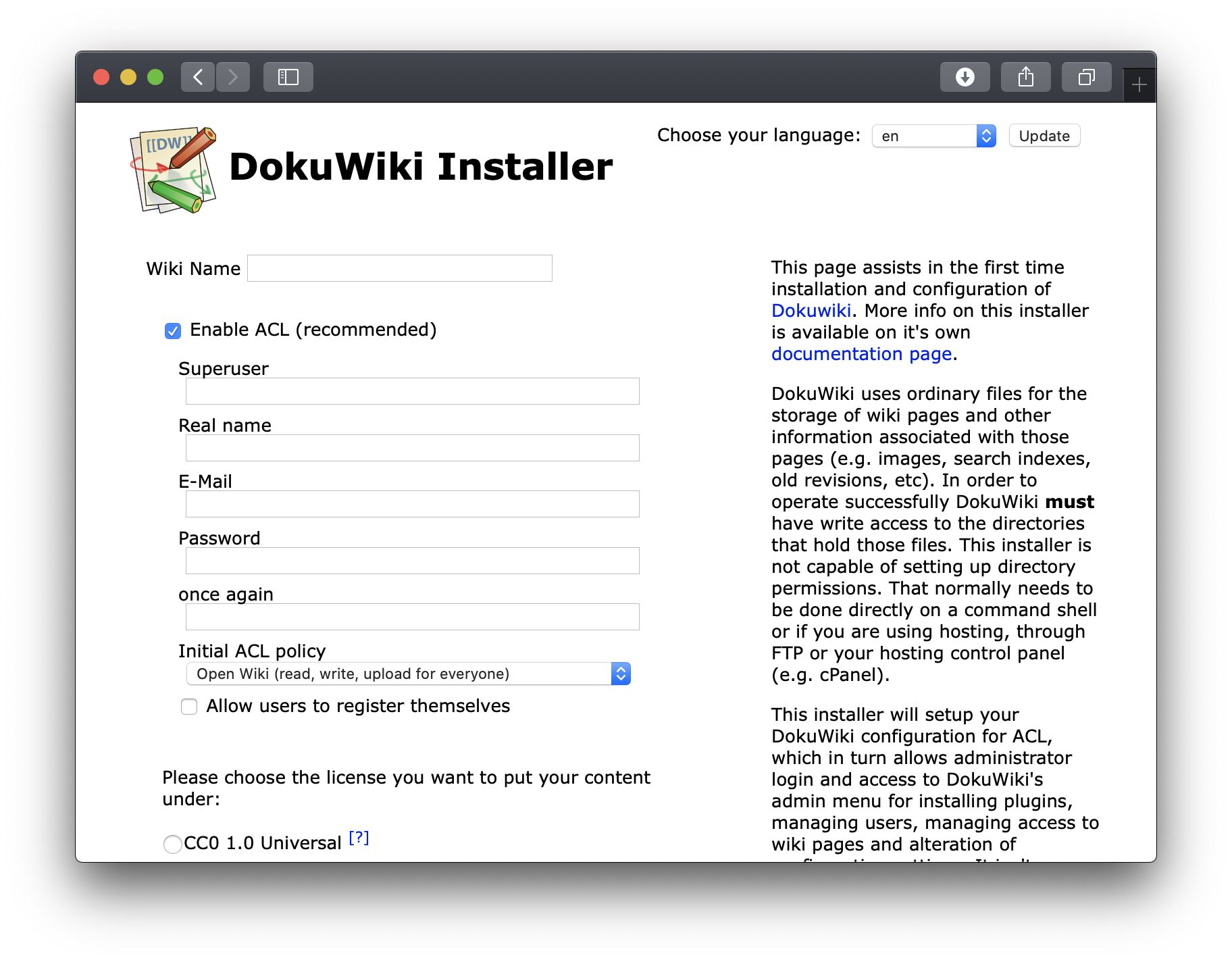 DokuWiki on Unit - Installation Screen