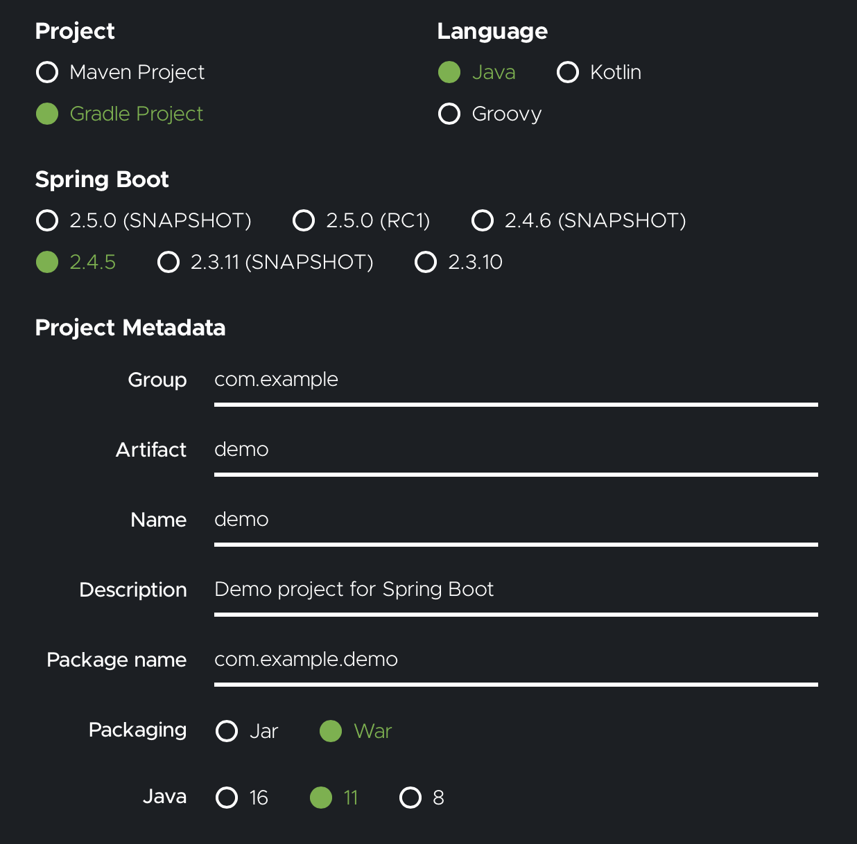 Spring Initializr - Project Setup Screen