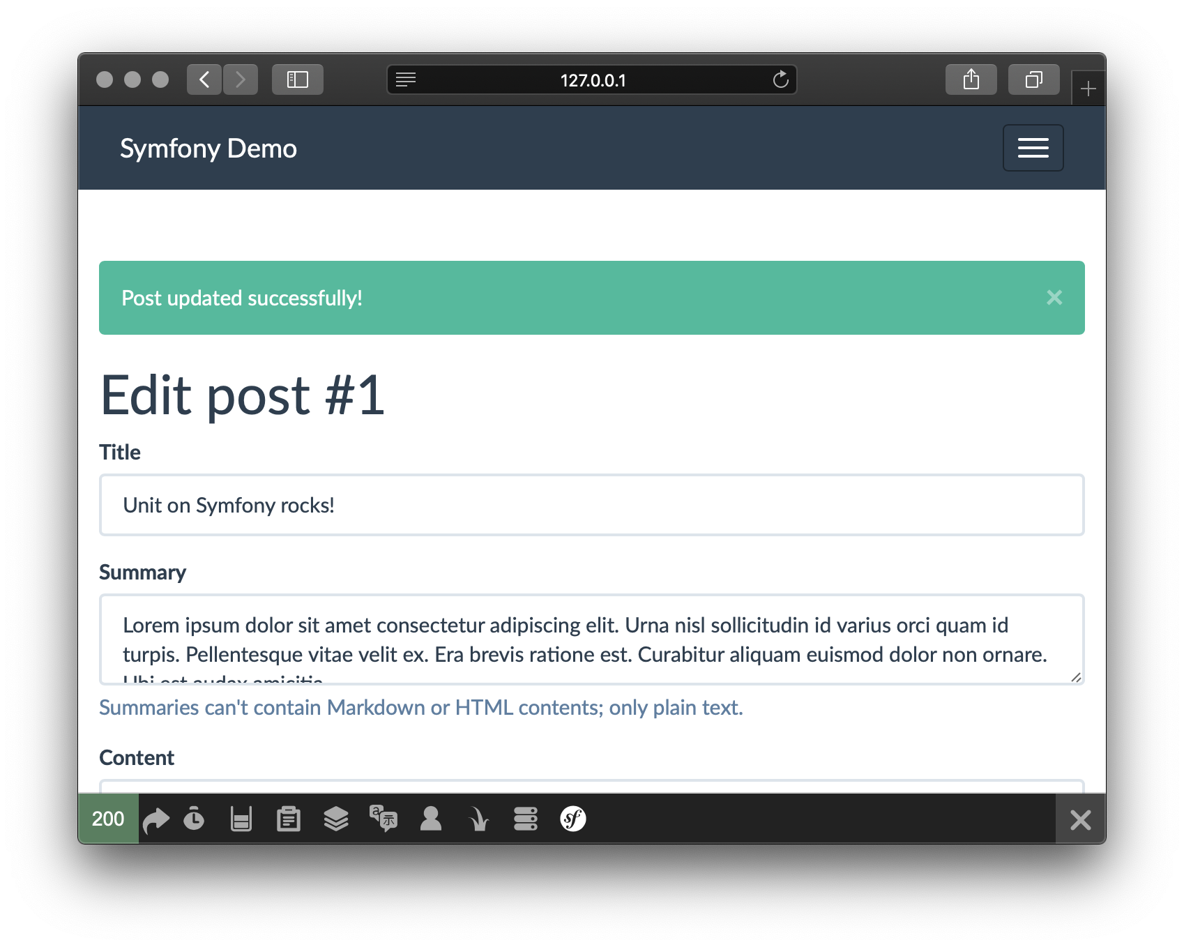 Symfony Demo App on Unit - Admin Post Update