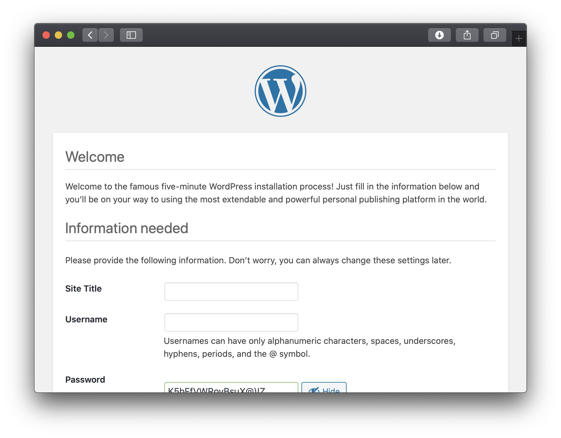 WordPress on Unit - Setup Screen